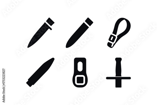 flat black solid icon items isolated on white background sheath edge sword sheath leather strap blade tip belt loop guard hilt