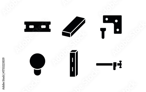 flat black solid icon items isolated on white background frame rail wood beam corner brace nail head stud clamp bar