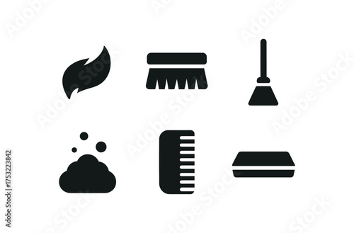 flat black solid icon items isolated on white background hair tuft stiff bristle broom stick dirt patch comb edge cleaning tray