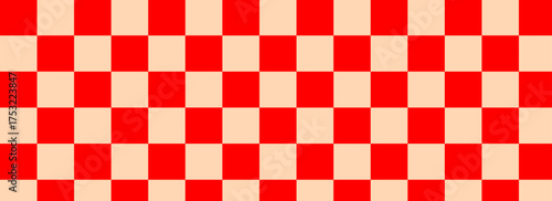 Checkerboard banner. Red and Apricot colors of checkerboard. Small squares, small cells. Chessboard, checkerboard texture. Squares pattern. Background. Repeatable texture.