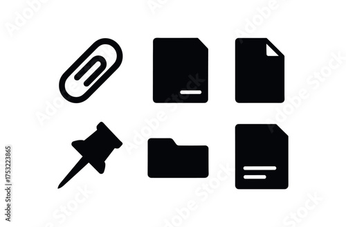 flat black solid icon items isolated on white background: bent clip loose page document tab pin tack folder edge memo slip