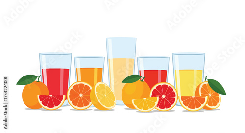 A refreshing assortment of citrus fruits and freshly squeezed juices displayed in clear glasses on a white background.