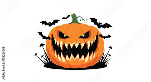 A scary jack o lantern with sharp teeth and bats flying around it on halloween night.