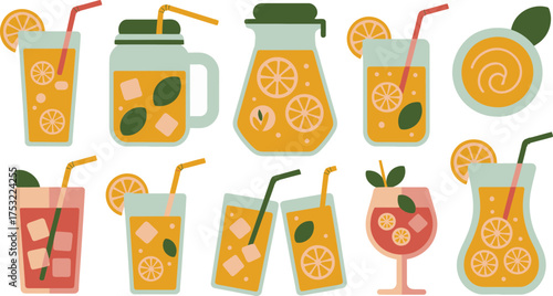 Assorted Summer Drinks Illustration Featuring Lemonade, Juice, and Cocktails in Bright Colors