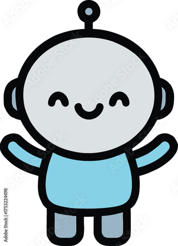 Friendly Blue Robot with Round Head and Open Arms on White Background Keywords: robot, cute, cartoon, character, friendly, happy, smiling