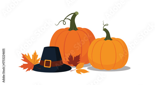 Celebrate autumn harvest with decorative pumpkins and pilgrim hat for Thanksgiving.