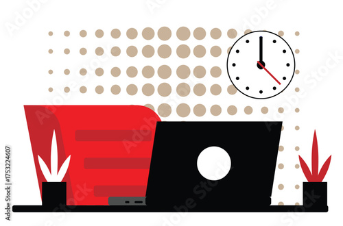 Office Table with Laptop and Clock on the Wall Halftone Effect. Workspace and work environment vector art