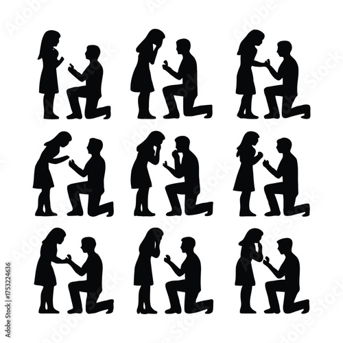 A set of black silhouette icons depicting a man making a romantic marriage proposal to a woman