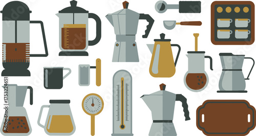 Assortment of Coffee Brewing Equipment French Presses, Moka Pots, Kettle, Thermometer, and Accessories Illustration