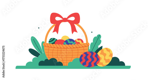 A festive easter basket brimming with colorful decorated eggs sits amongst lush green foliage.