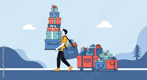 A man carries a tall stack of gifts while pulling a cart filled with presents.