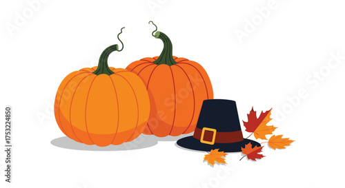 Autumn harvest with pumpkins pilgrim hat and fall leaves.