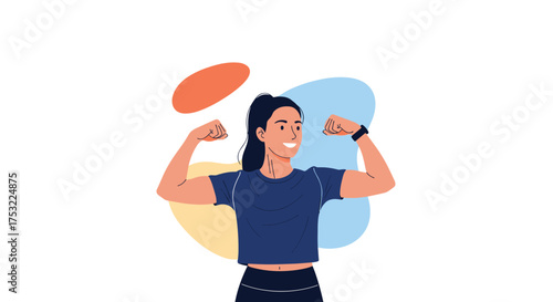 Young woman demonstrating her physical strength with a smile on her face while flexing her biceps.