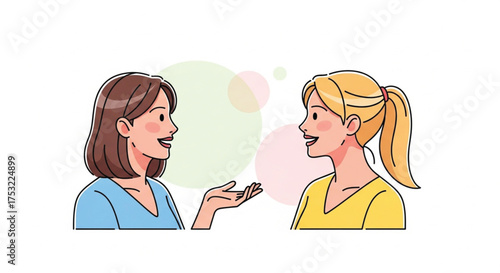 Clean vector illustration showing a cheerful young woman having a conversation with her friend.