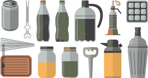 Bar Tools and Beverage Containers Illustration Soda Can, Bottles, Shakers, and More