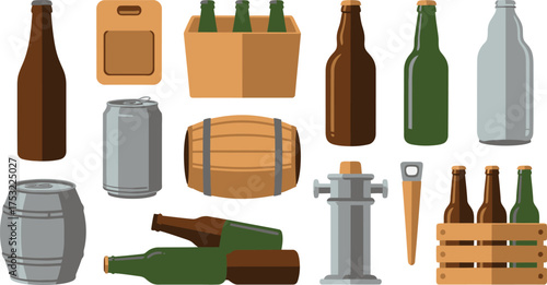 Beer Bottles, Cans, Barrels, and Tools Cartoon Still Life Illustration of Drinks and Equipment