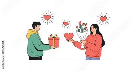 A man gives a gift to a woman holding flowers and a heart.
