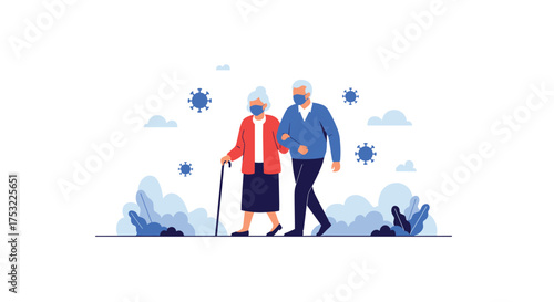 An elderly couple wearing masks walks arm in arm surrounded by viruses and greenery.