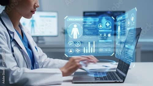 Female doctor using computer with futuristic medical interface, technology concept
