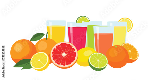 A vibrant collection of fresh citrus fruits and assorted juices served in clear glasses offering a refreshing and healthy beverage option for a balanced diet.