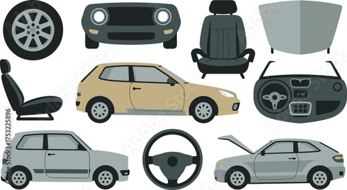Car Parts and Body Isolated on White Background Including Seat, Dashboard, Wheel, Tire, and Exterior