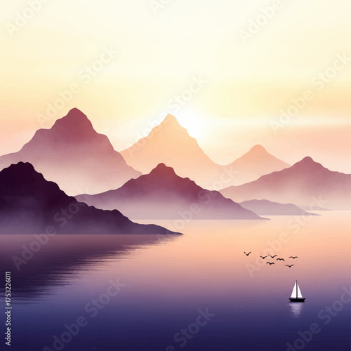 Serene Ink Wash Painting Mountains, Lake and Sailboat in Dreamy Landscape