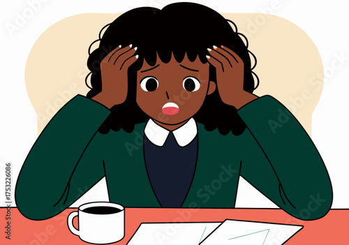 Stressed Businesswoman Holding Head in Hands, Desk Work Illustration