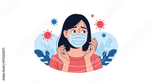 A person wearing a mask looks worried surrounded by viral particles.