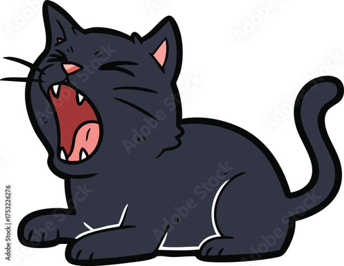 Cartoon Black Cat Yawning Widely Showing Its Teeth.
