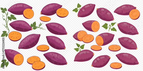 Illustration of sweet potatoes, whole and sliced, with leaves, on a transparent background.