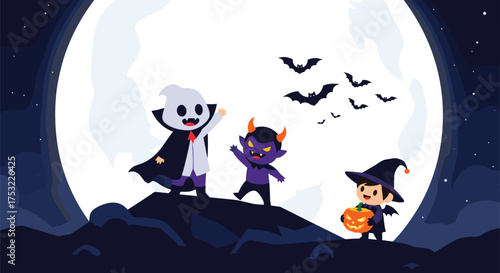 Three adorable pixel art characters celebrate Halloween under a giant moon with bats flying above them.