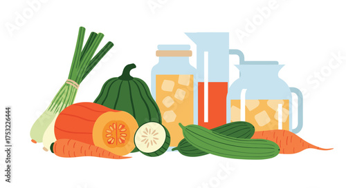 Fresh garden vegetables and refreshing infused water in glass pitchers.