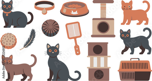 Cartoon Cats with Pet Supplies Food Bowl, Carrier, Cat Trees, Collar, Toys, and Grooming Brush