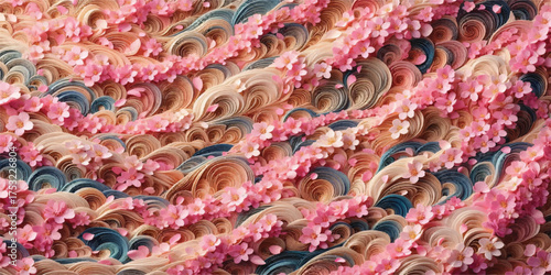 A captivating texture of pink sakura petals gracefully cascading over undulating ripples. Delicate floral background.