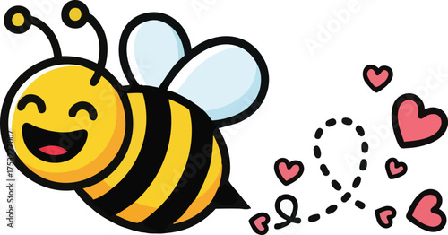 Happy Bee with Hearts Illustration.