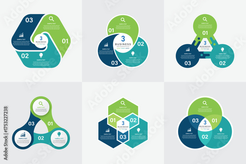 3 Step Polygonal Business Infographic with Icons and Central Label, Collection set