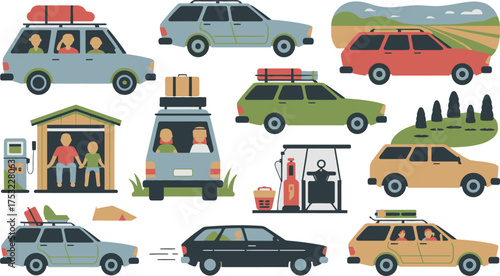 Cartoon Illustration of Vintage Cars, Station Wagons, Gas Stations, Travel, and Road Trip Theme