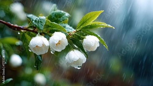 This image captures the beauty of white flowers set against a backdrop of rainfall, showcasing nature's delicate details and the refreshing tranquility of the moment.