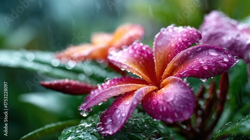 A beautiful close-up of a colorful flower, sparkling with raindrops, creating a serene atmosphere that emphasizes nature's beauty and freshness in vibrant hues.