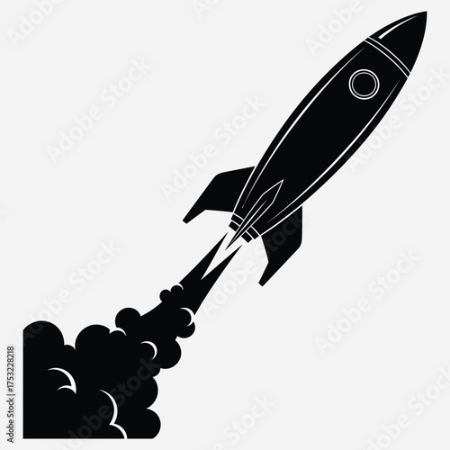 Black silhouette of a rocket blasting off into space, leaving a trail of smoke and fire behind it, symbolizing innovation and exploration