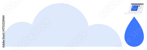 Large blue cloud with a blue water droplet and a laptop screen symbolizing internet, data storage, and cloud technology. Ideal for tech, environment, innovation, analysis, cloud computing, data