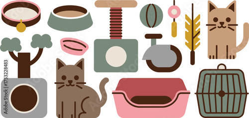 Cat Essentials Flat of Pet Supplies, Toys, and Accessories in Neutral Tones