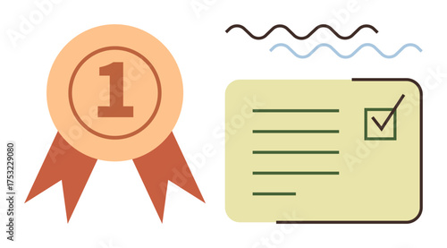Award ribbon with number one next to checklist on card with completed tick. Ideal for success, recognition, accomplishment, achievement, goals, organization, motivation. Simple flat metaphor