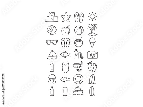 Minimal Outline Beach and Summer Vacation Icon Collection