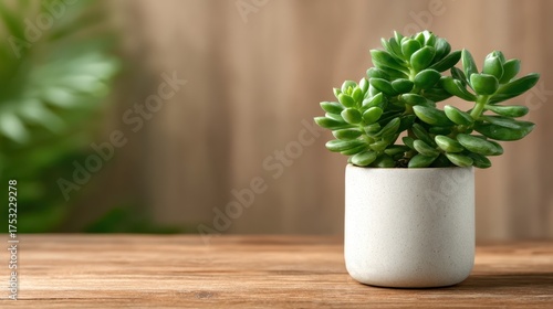 A charming and simple succulent plant displayed in a minimalistic white pot, adding a touch of greenery and elegance to any home or office decor setting.