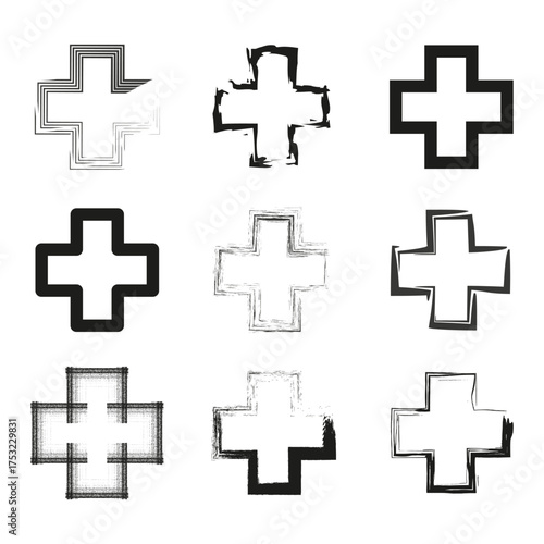 Black cross symbols. Plus sign icons. First aid emblem. Vector medical illustration.