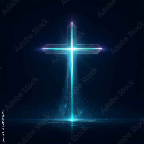 Serene glowing blue cross symbol shines divine light. This neon faith concept on dark background inspires hope, spirituality, and reverence for Good Friday and Easter