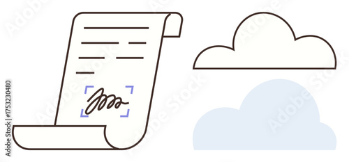 Scroll-style document with handwritten signature beside cloud symbols. Ideal for contracts, digital storage, cloud software, e-signature, document management, virtual agreement, simple flat metaphor