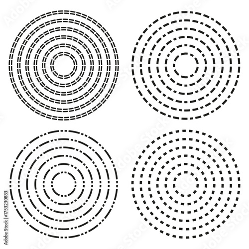 Dotted circle patterns. Line dash shapes. Abstract geometric Vector. Radial element collection.