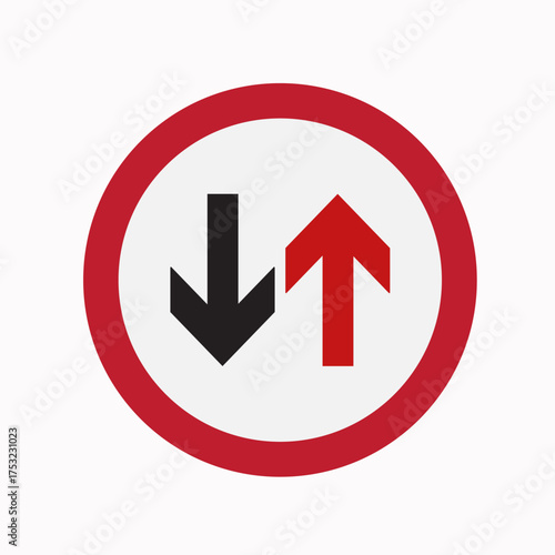 Vector art of red and white road sign with black and red arrows indicating twoway traffic, alerting drivers to oncoming vehicles and potential hazards